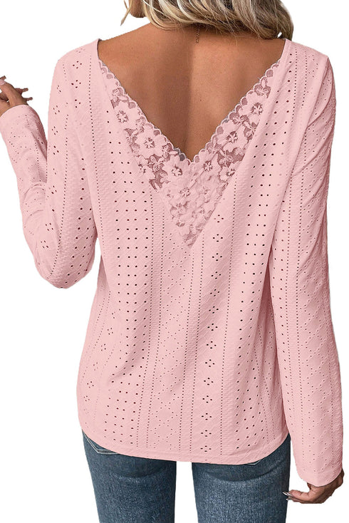 Floral Lace Splicing Eyelet Long Sleeve Top